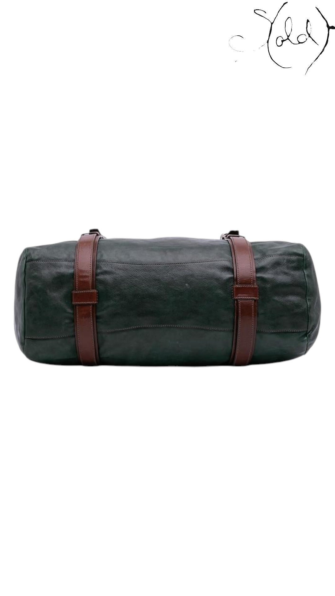 Sold Attire dark green glace calf leather weekender bag with brown leather straps and silver hardware.