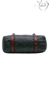 Sold Attire dark green glace calf leather weekender bag with brown leather straps and silver hardware.