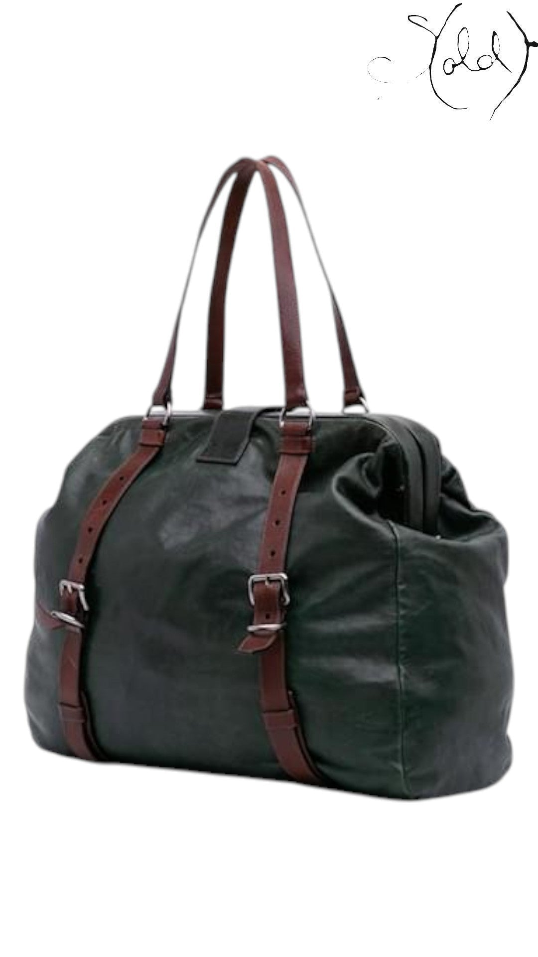Sold Attire dark green glace calf leather weekender bag with brown leather straps and silver hardware.