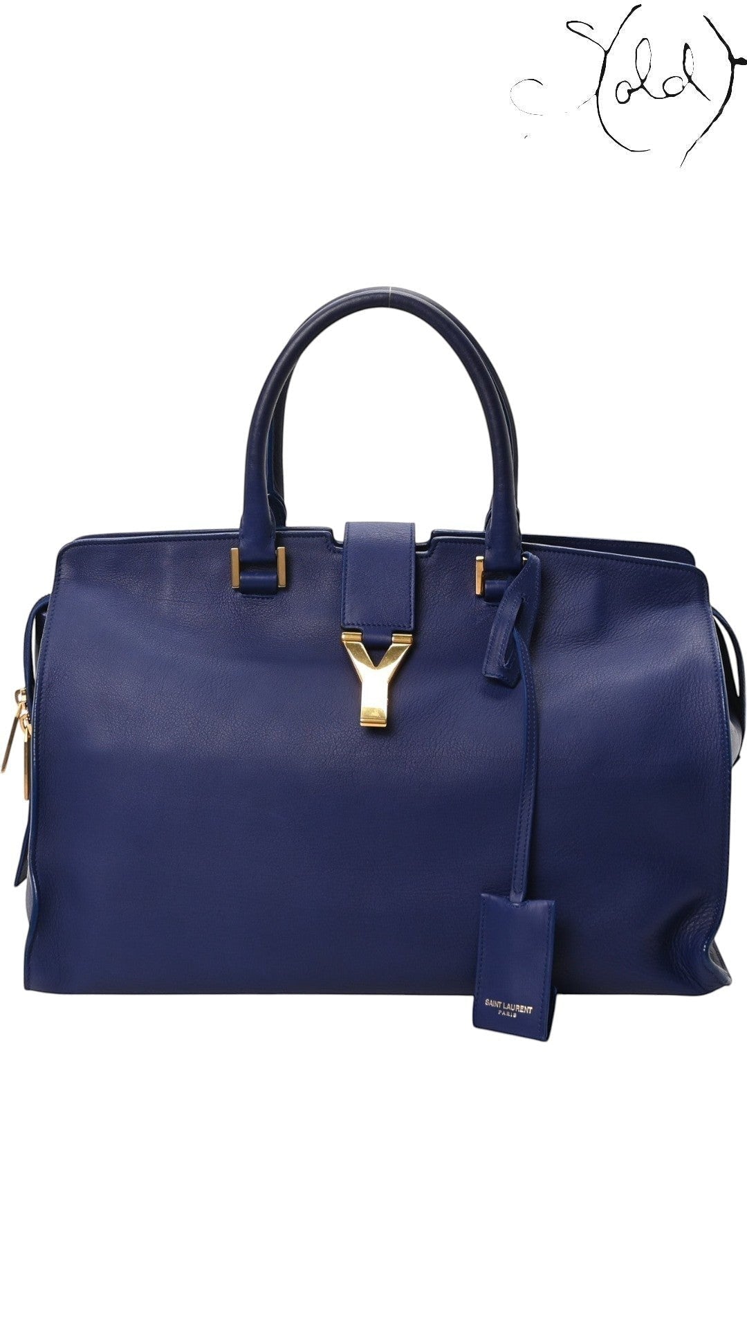 Sold Attire Saint Laurent Medium Classic Y Cabas tote in royal blue calfskin with polished gold-tone Y charm.