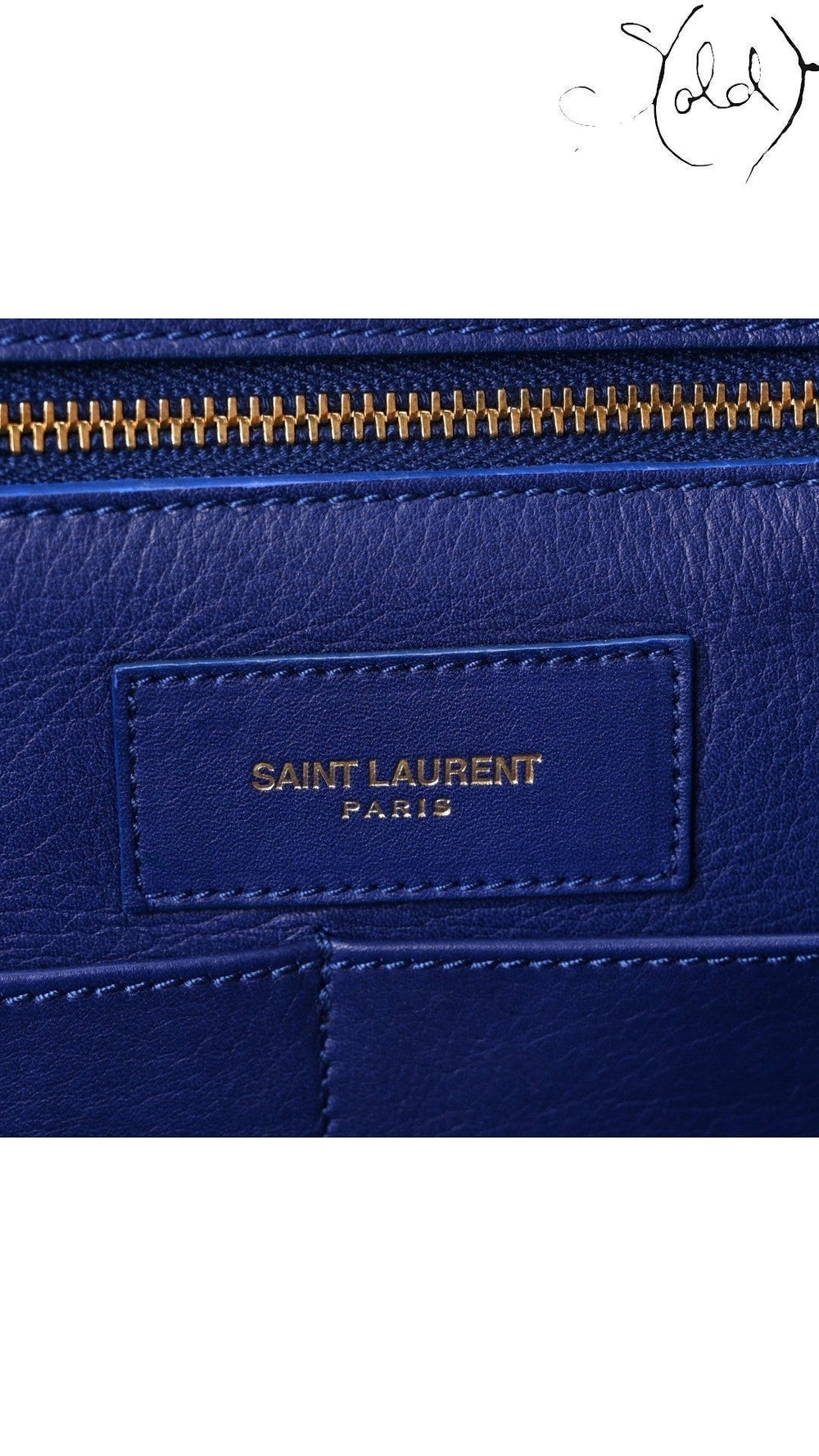 Sold Attire Saint Laurent Medium Classic Y Cabas interior showing the gold heat stamp on royal blue calfskin leather.