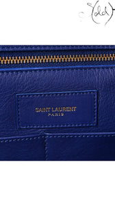 Sold Attire Saint Laurent Medium Classic Y Cabas interior showing the gold heat stamp on royal blue calfskin leather.