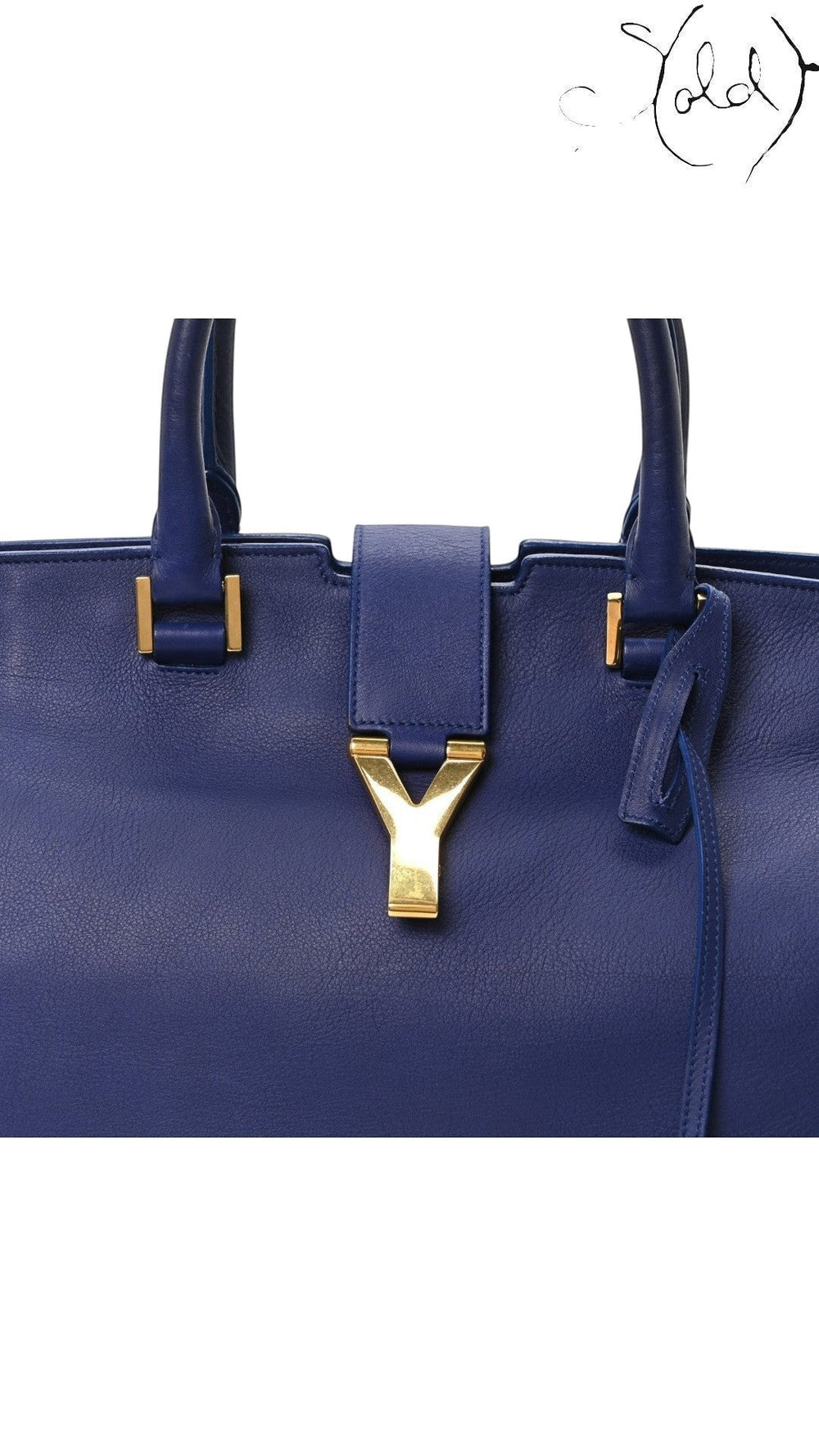 Sold Attire Saint Laurent Medium Classic Y Cabas in royal blue calfskin leather with a polished gold-tone Y charm.