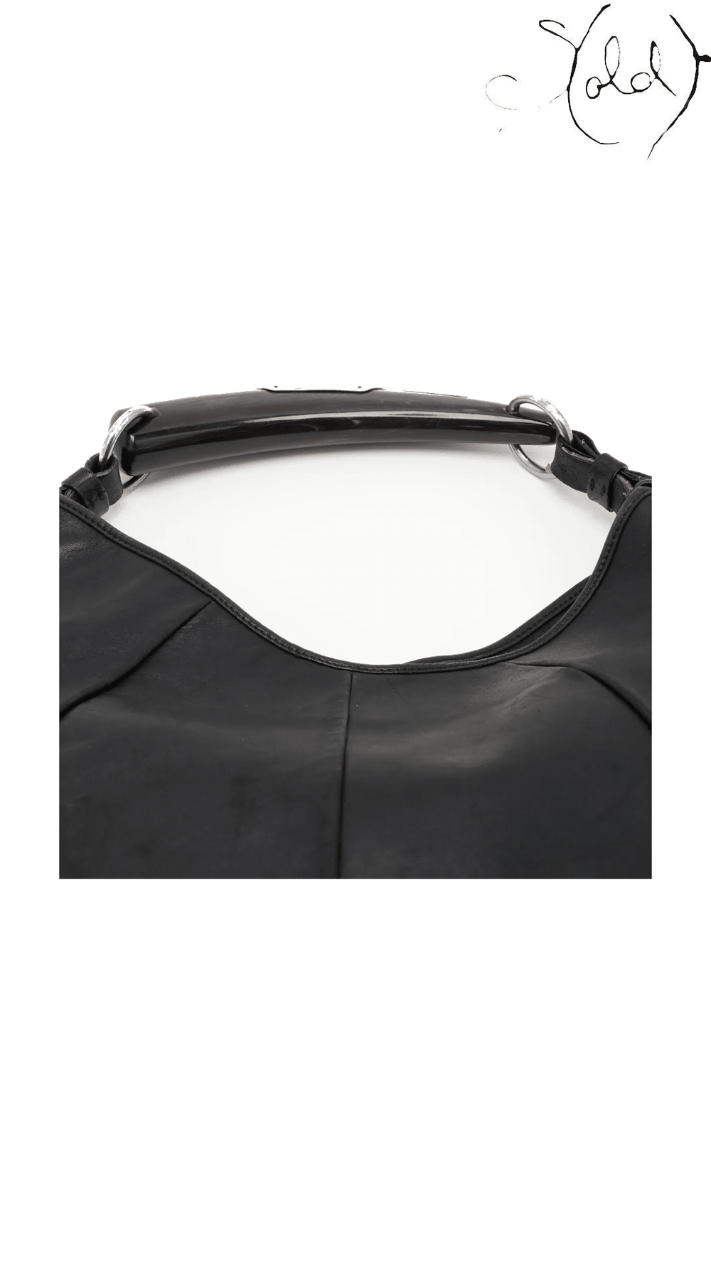 Saint Laurent Mombasa Black Leather Horn Shoulder Bag, handle attachment overview detail