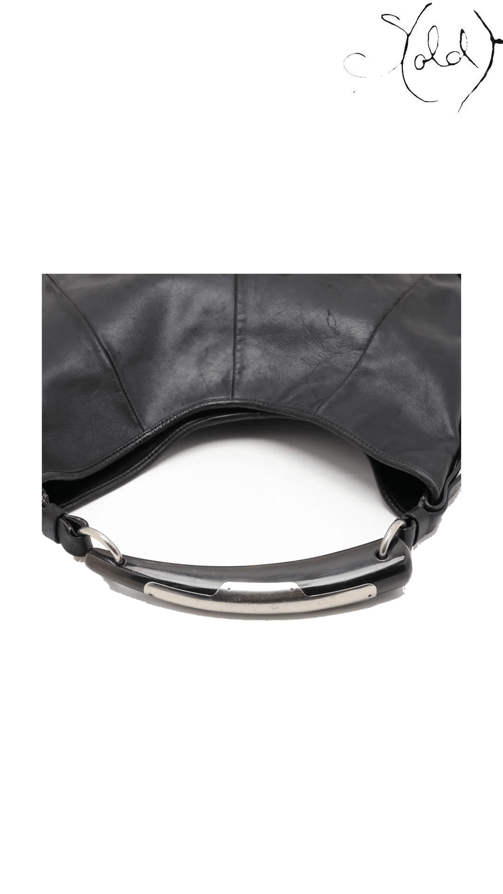 Saint Laurent Mombasa Black Leather Horn Shoulder Bag, handle and front panel detail