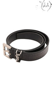Sold Attire black leather Saint Laurent Cassandre belt with silver-tone square buckle and YSL logo loop, size 85.