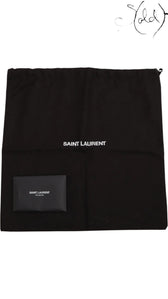 Sold Attire black fabric dust bag with Saint Laurent logo and small black pouch with Saint Laurent Paris logo.