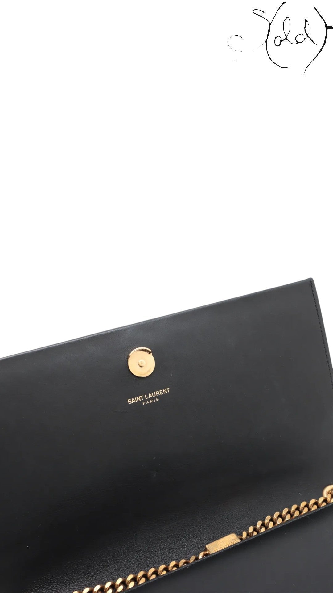 Sold Attire black leather Saint Laurent Kate Tassel crossbody bag with gold chain and YSL logo plaque.