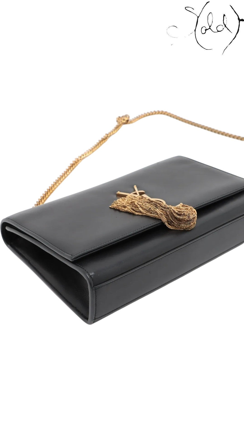 Sold Attire black leather Saint Laurent Kate Tassel crossbody bag with gold chain and YSL logo.