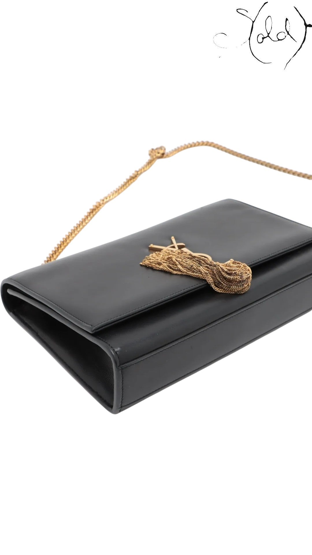 Sold Attire black leather Saint Laurent Kate Tassel crossbody bag with gold chain and YSL logo.