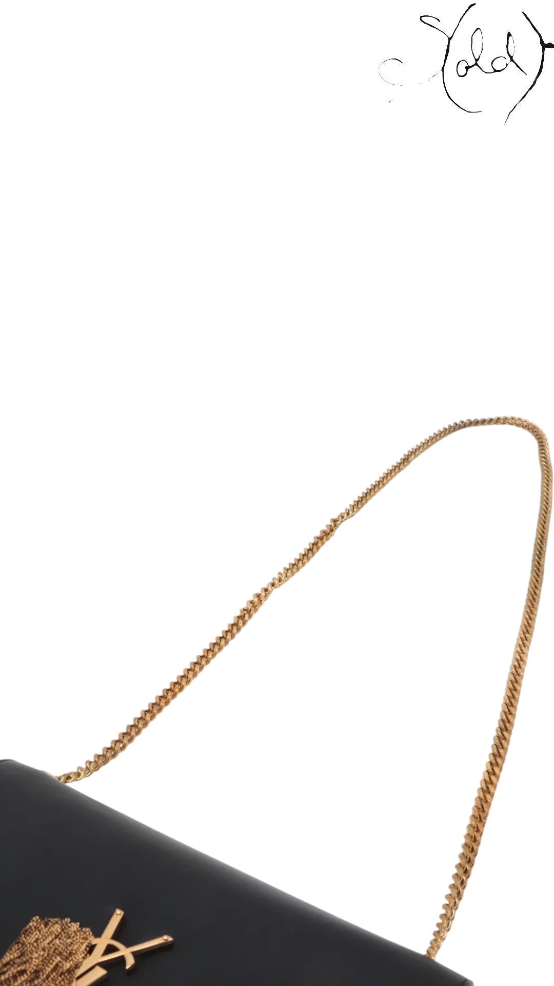 Sold Attire black leather Saint Laurent Kate crossbody bag with gold chain and tassel detail.