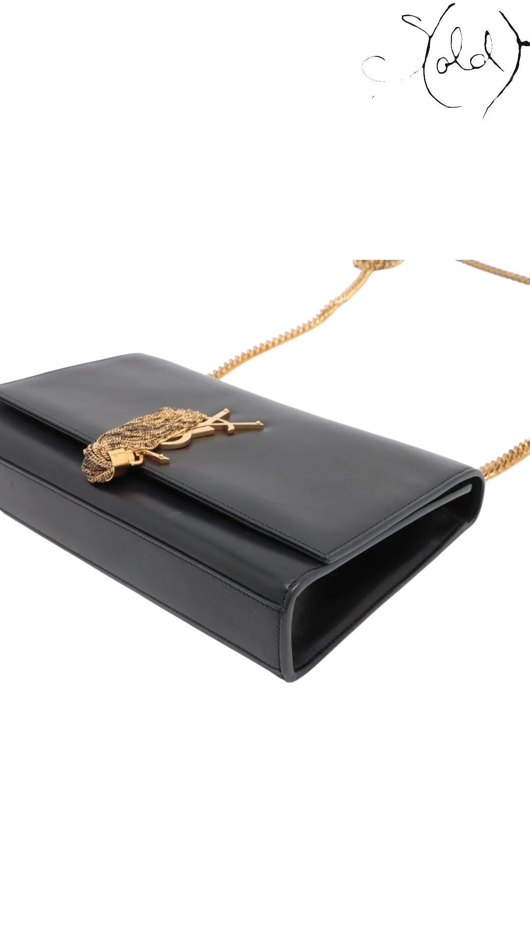 Sold Attire black leather Saint Laurent Kate Tassel crossbody bag with gold YSL logo and tassel detail.