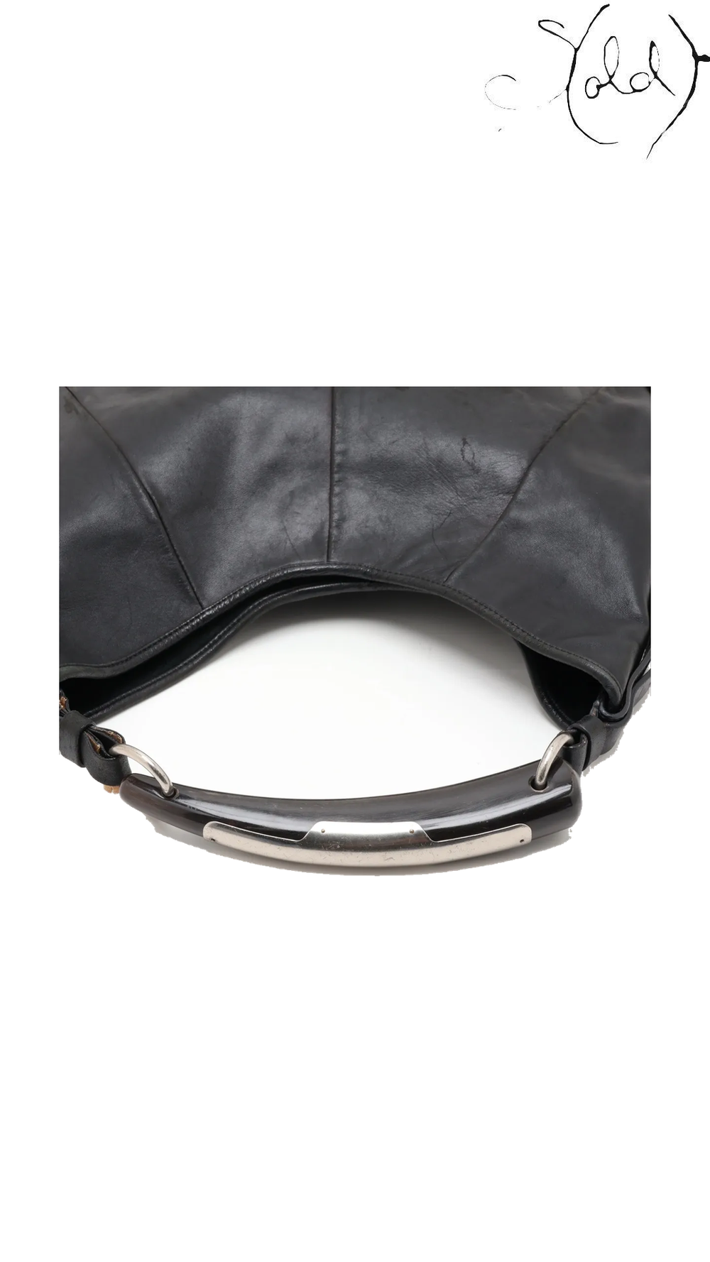 Saint Laurent Mombasa Black Leather Horn Shoulder Bag, handle and front panel detail