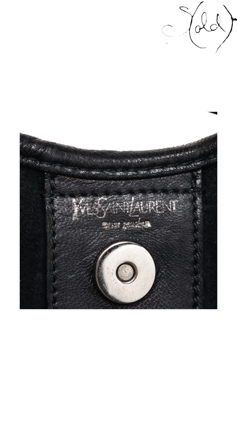 Saint Laurent Mombasa Black Leather Horn Shoulder Bag, interior maker stamp and magnetic tab