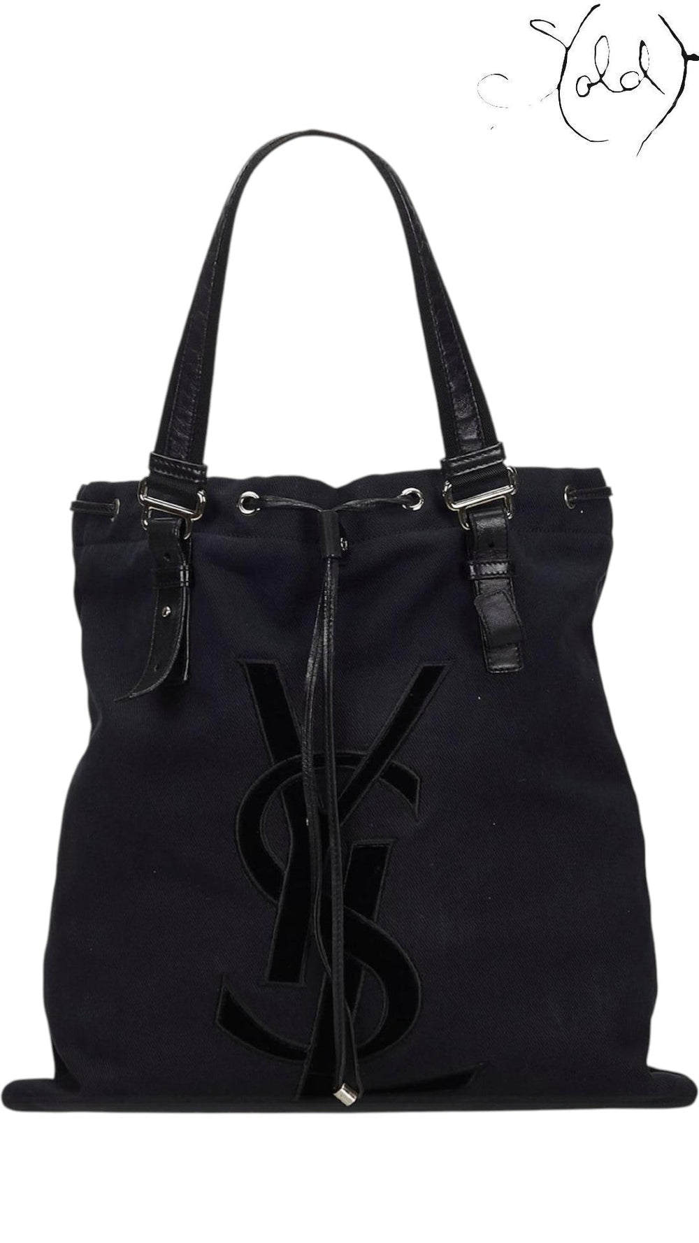 Saint Laurent Rive Gauche Kahala Black Canvas Tote, Strap detail | Sold Attire