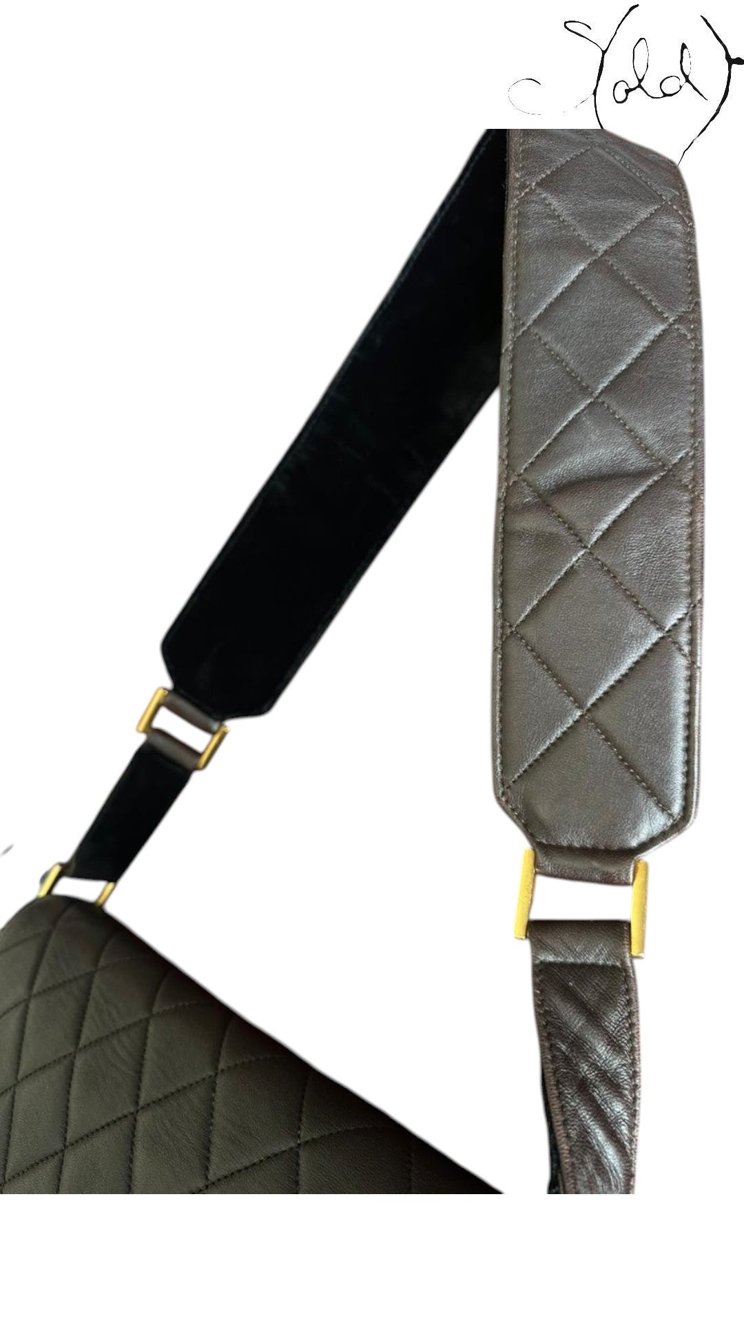 Sold Attire chocolate brown quilted lambskin Chanel Classique Single Full Flap bag with 24k gold hardware and suede strap.