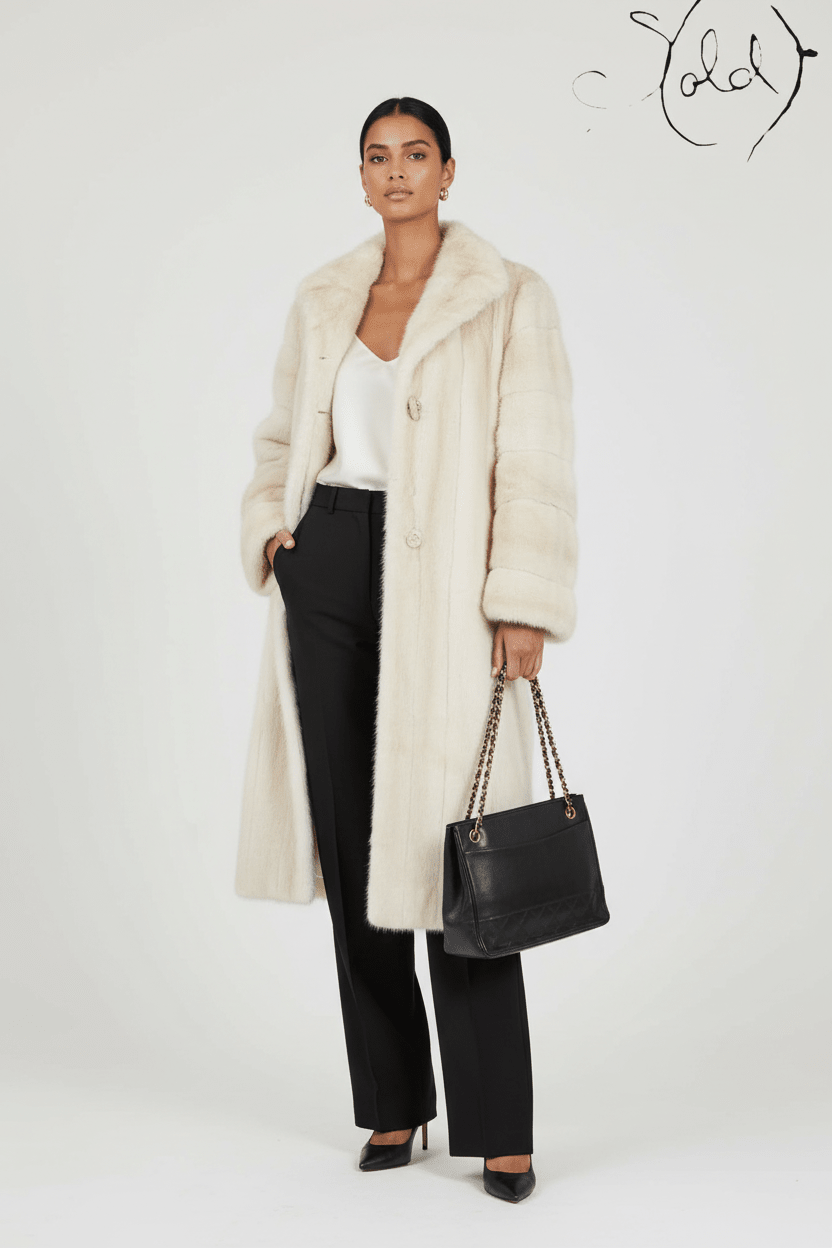 Russian Baby Mink Full-Length Coat Ivory Sectioned, Close-up | Sold Attire