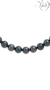 Sold Attire dark green-blue Akoya pearl necklace strand with high luster and smooth round pearls