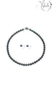 Sold Attire dark green-blue Akoya pearl necklace and matching earrings with K14 white gold hardware on white background