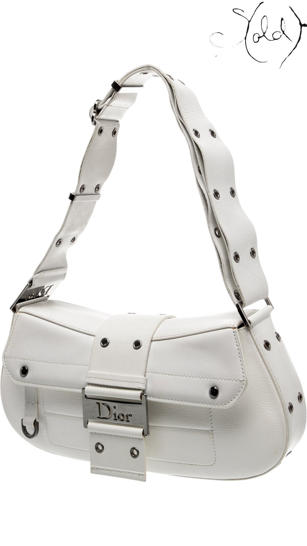 Sold Attire vintage Dior Street Chic white leather shoulder bag with silver-tone hardware and adjustable strap.
