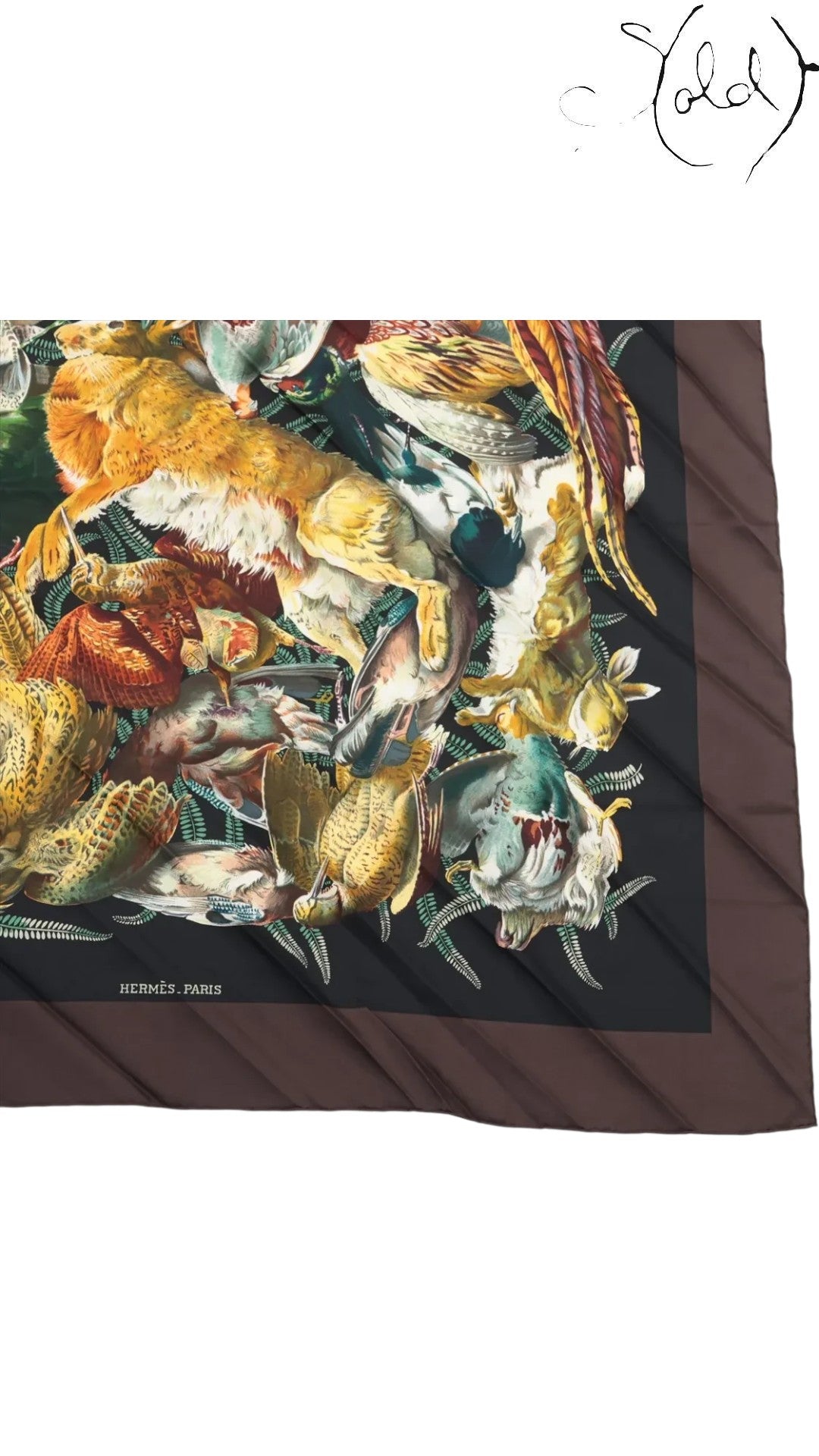 Sold Attire pre-owned Hermes Carre 90 Gibiers silk scarf featuring a detailed hunting print on black and brown silk.