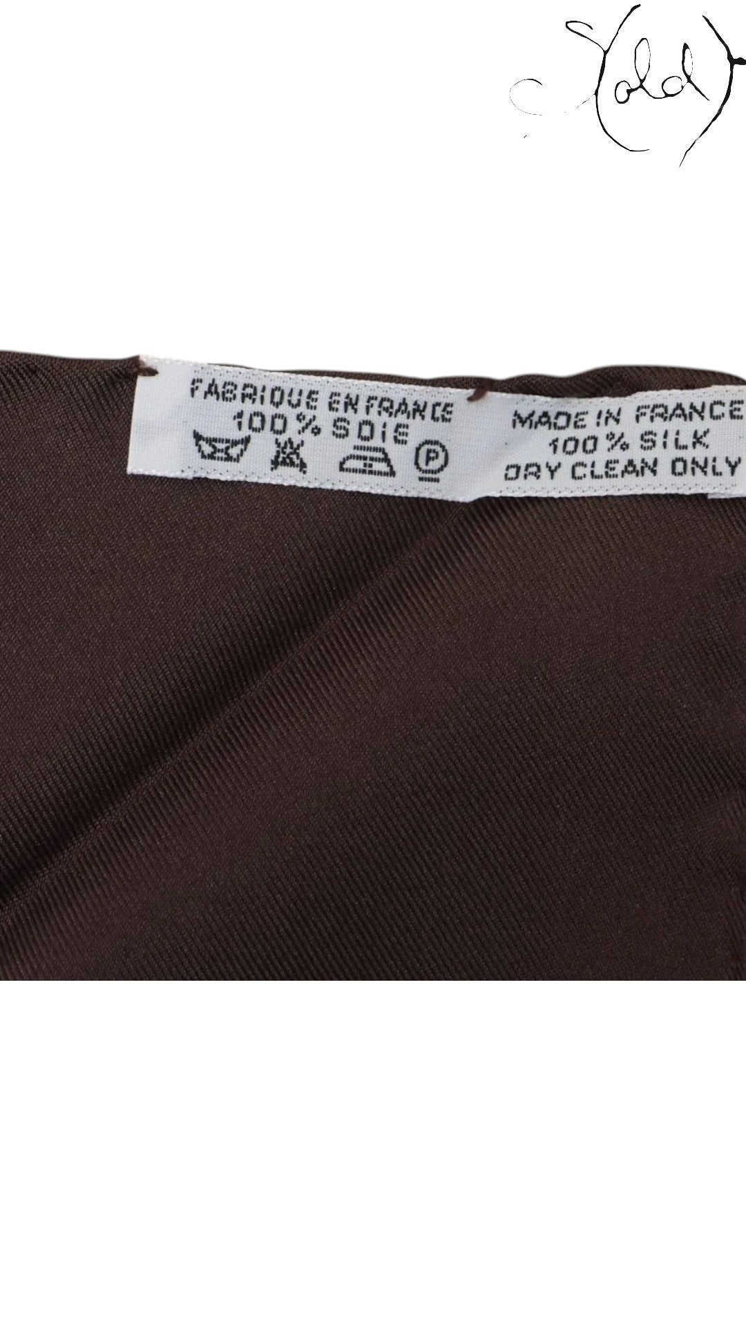 Sold Attire Hermes Carre 90 Gibiers silk scarf care label showing 100% silk composition and Made in France origin