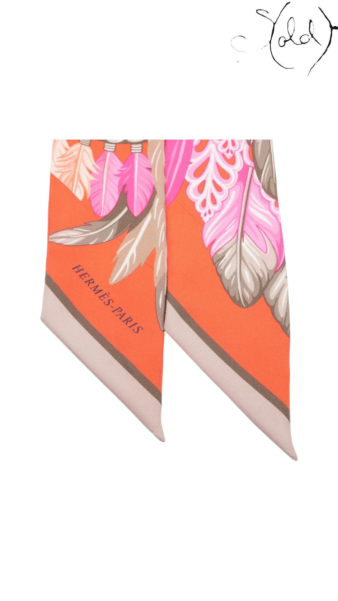 Sold Attire pre-owned Hermes Twilly Danse Pacifique silk ribbon scarf in pink and orange with feather print details.