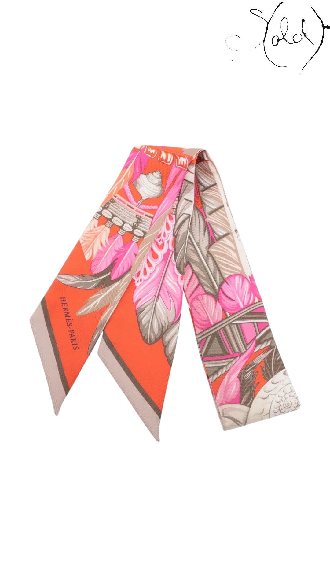 Sold Attire pre-owned Hermes Twilly Danse Pacifique silk ribbon scarf in vibrant pink and orange feather print.