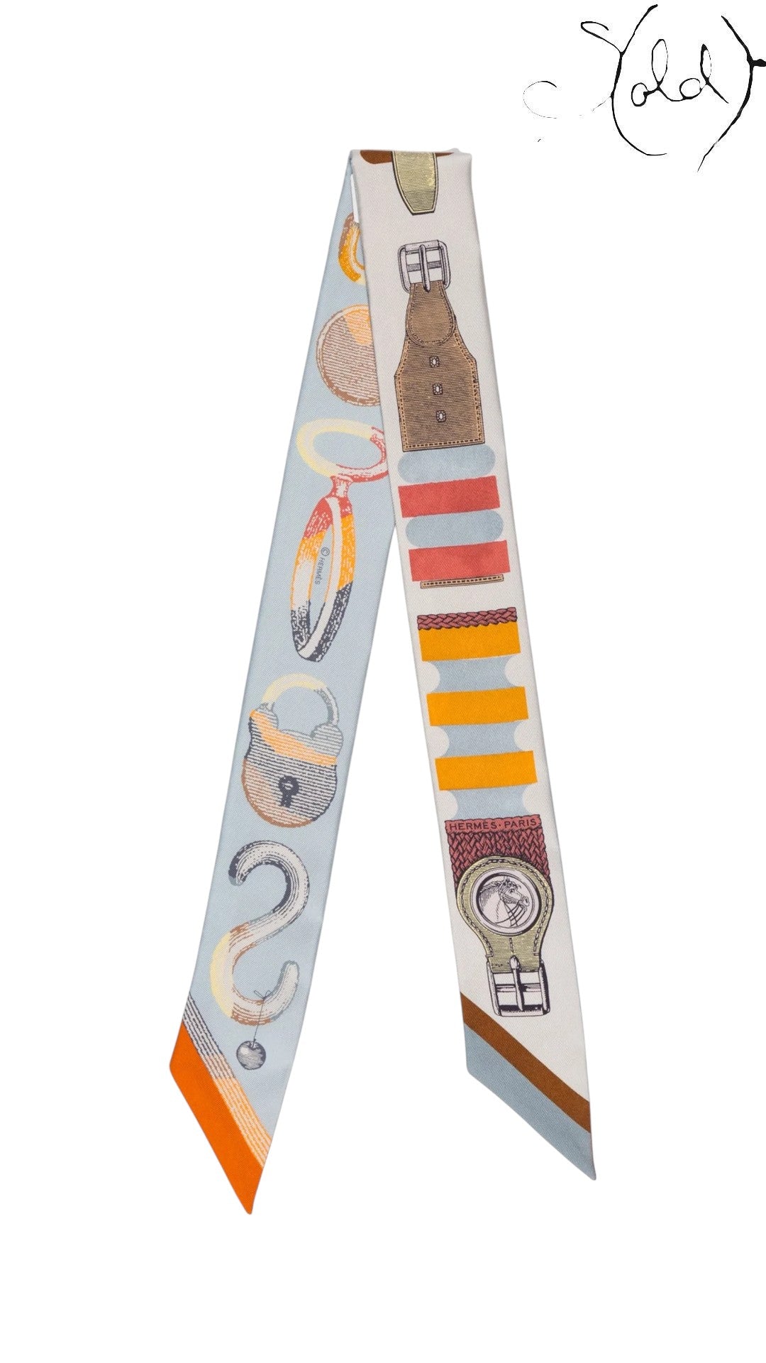 Sold Attire pre-owned Hermes Twilly silk ribbon scarf in light blue with orange and multicolor printed watch motifs.