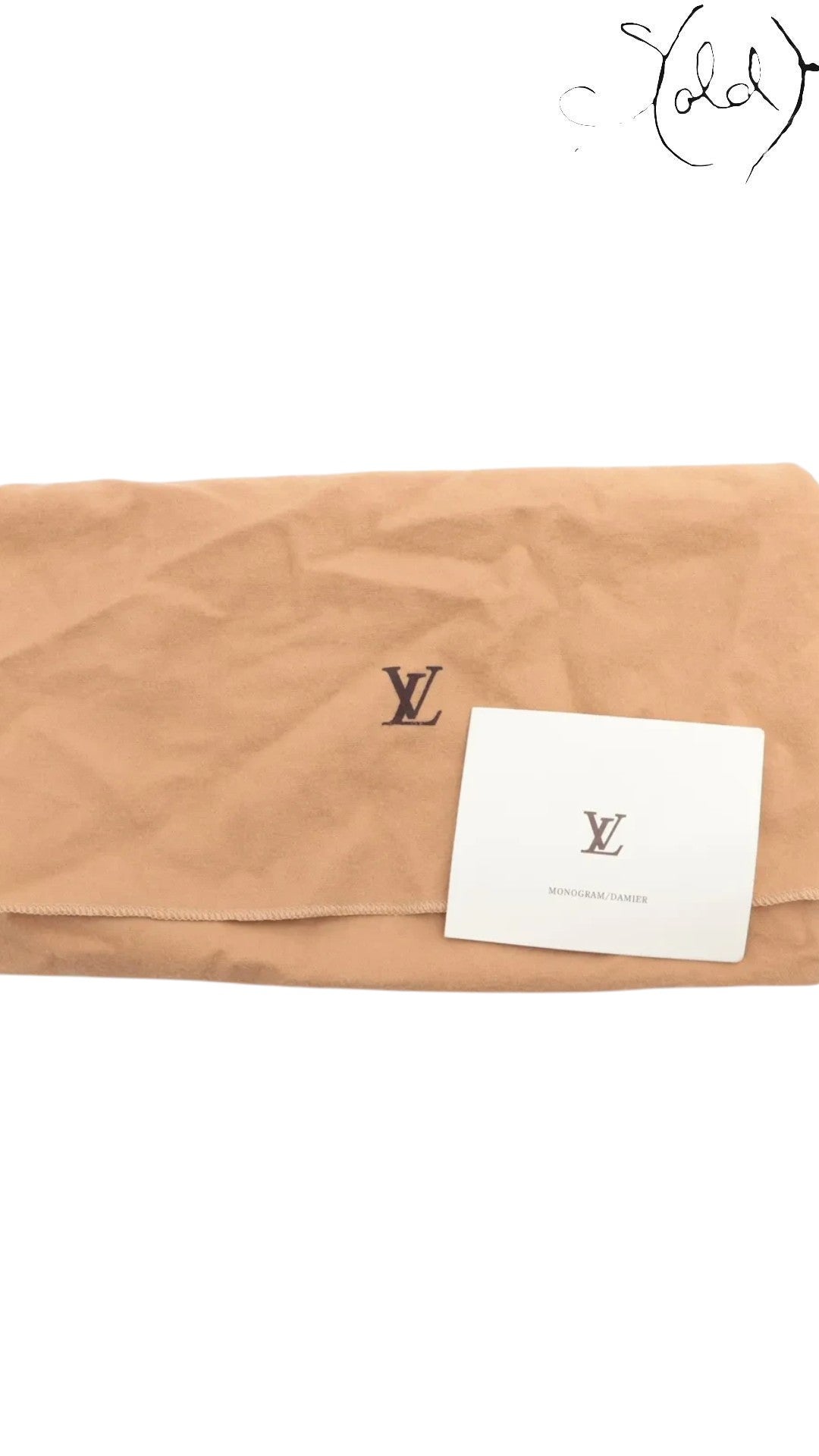 Sold Attire branded beige Louis Vuitton dust bag with logo and matching care booklet for Monogram Pochette Accessoires