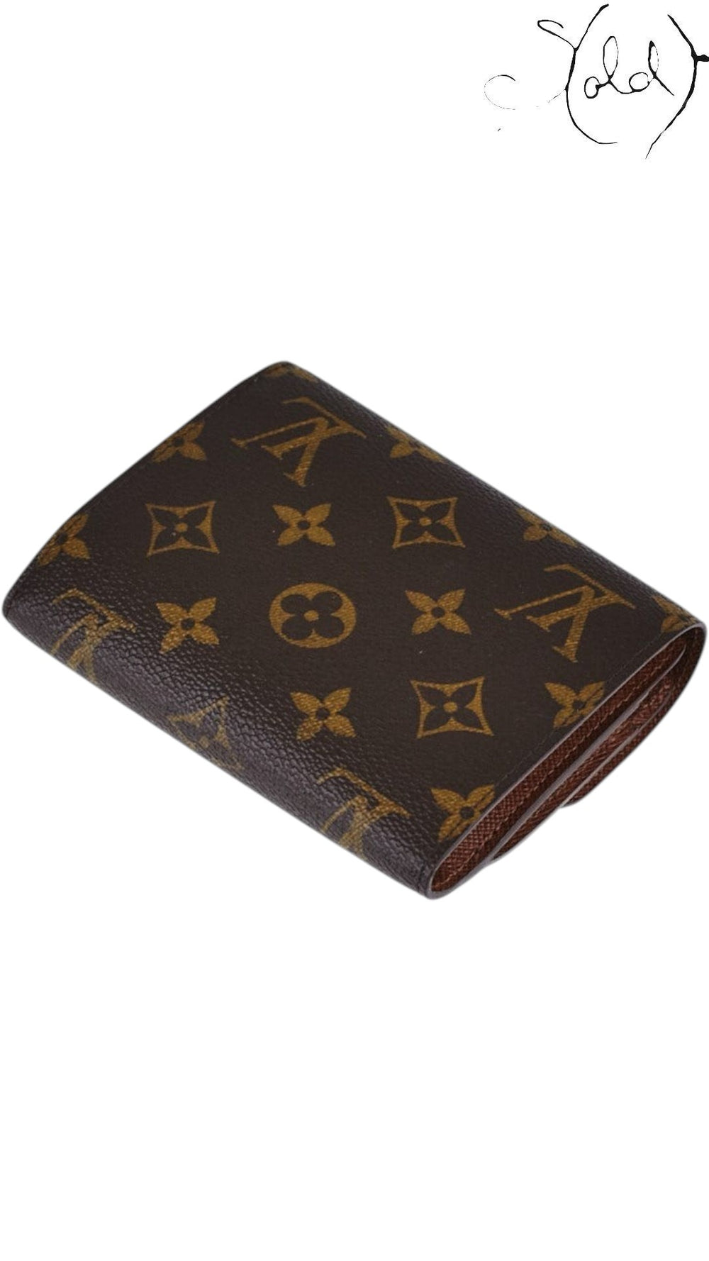 Sold Attire Louis Vuitton Joey wallet in brown Monogram coated canvas with a compact folded design.