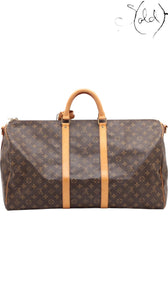 Sold Attire Louis Vuitton Keepall Bandoulière 55 in brown Monogram coated canvas with natural cowhide leather trim.