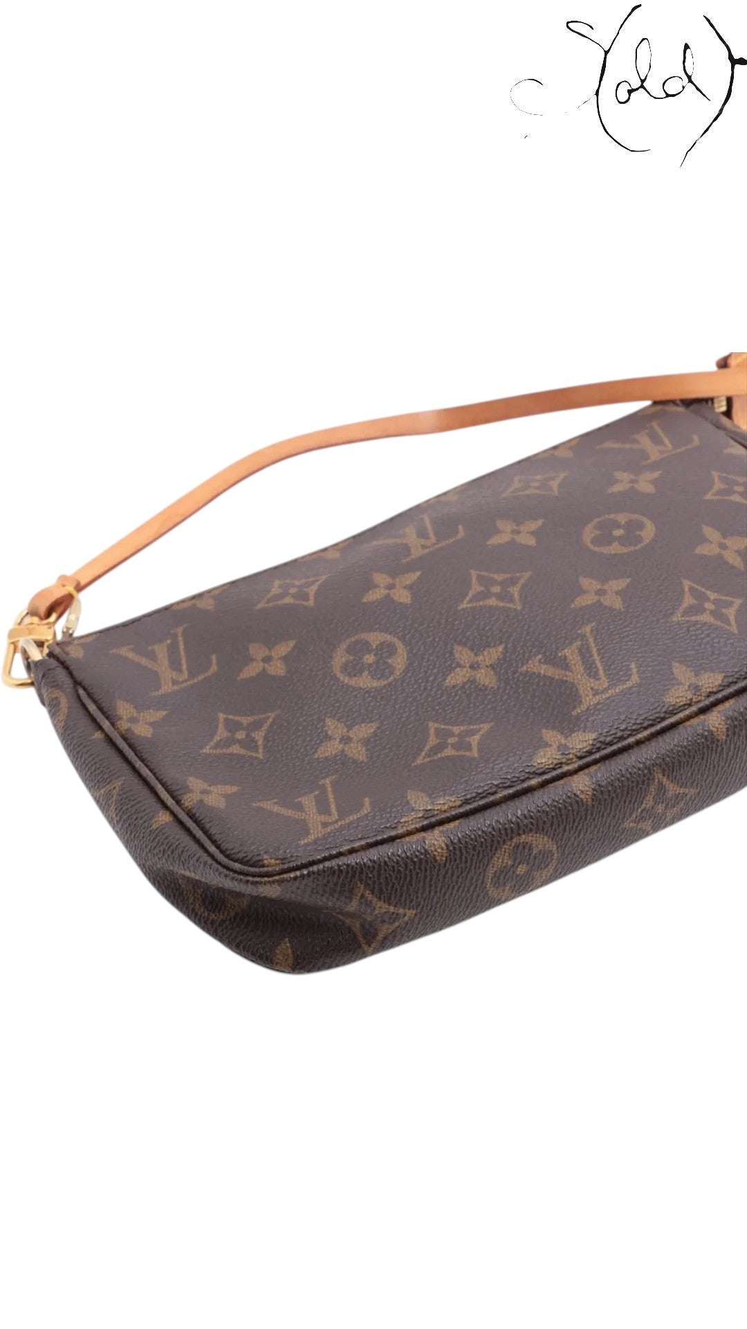 Sold Attire pre-owned Louis Vuitton Monogram Pochette Accessoires in brown coated canvas with natural leather strap