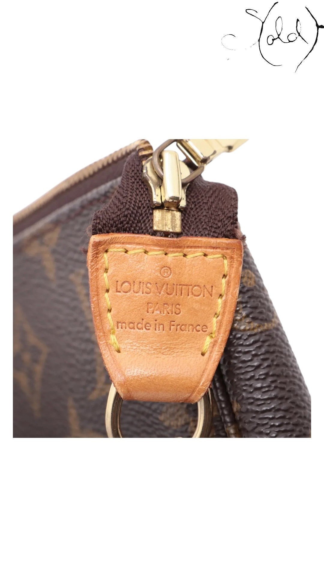 Sold Attire Louis Vuitton Monogram Pochette Accessoires heat stamp on natural leather tab with gold-tone hardware