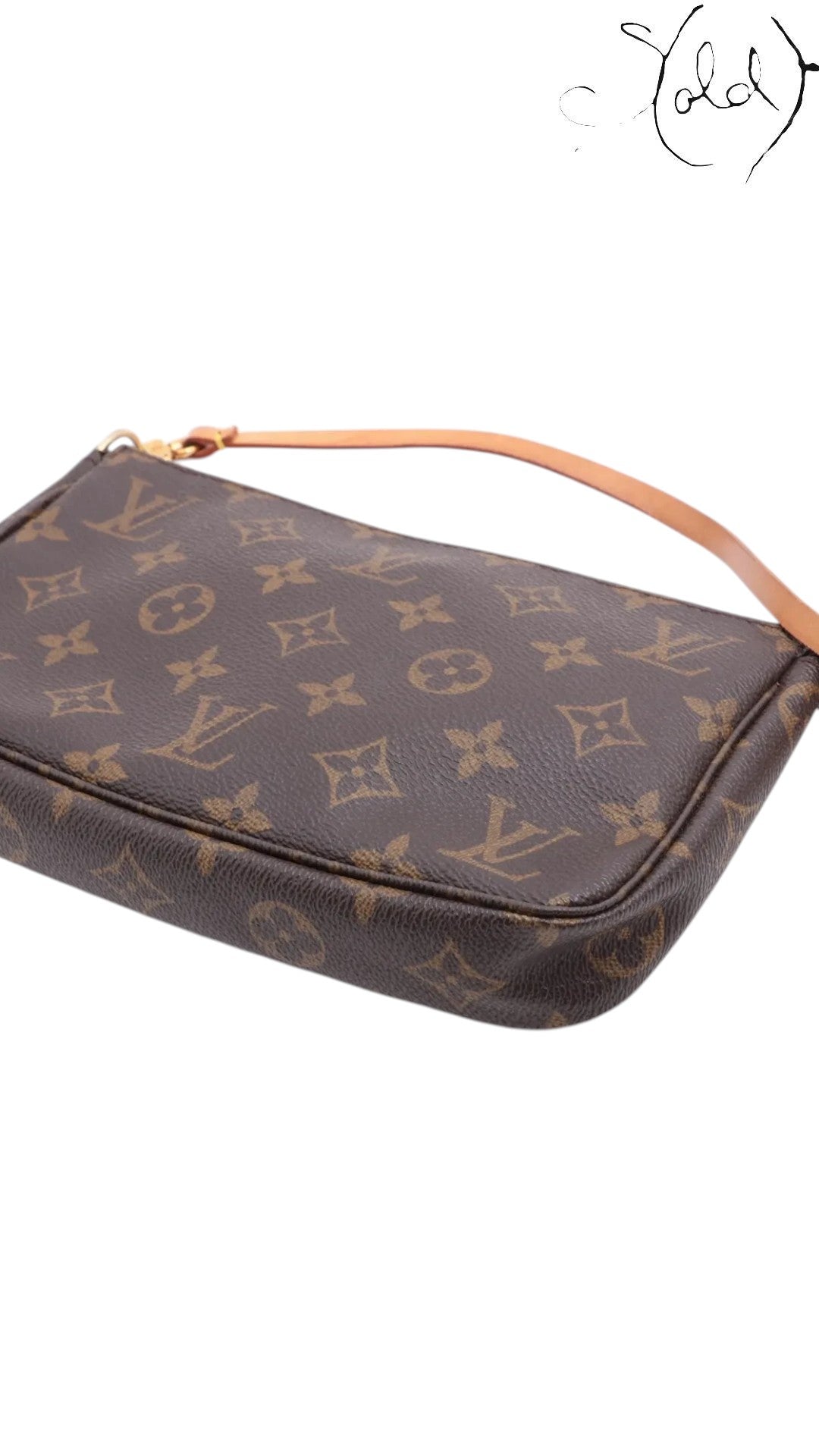 Sold Attire pre-owned Louis Vuitton Monogram Pochette Accessoires M51980 in brown coated canvas with leather strap.