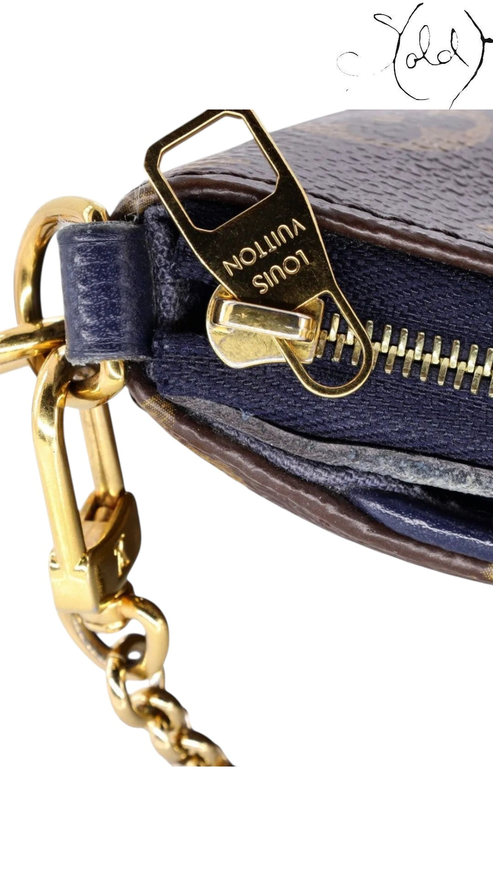 Sold Attire Louis Vuitton Pallas Clutch featuring gold-tone chain hardware, zipper pull, and Blue Marine leather trim.