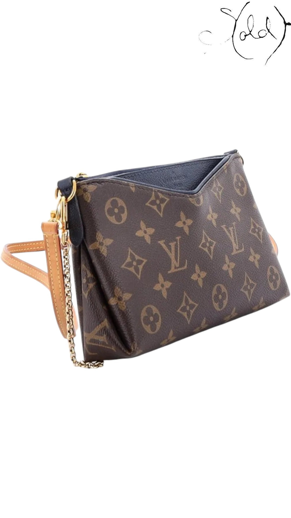Sold Attire Louis Vuitton Pallas Clutch in brown Monogram canvas with Blue Marine leather trim and gold chain strap.