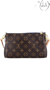 Sold Attire Louis Vuitton Monogram Pallas Clutch in brown coated canvas with Blue Marine leather trim and gold chain.