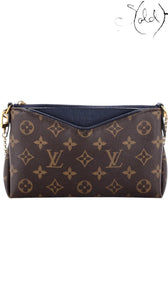 Sold Attire Louis Vuitton Pallas Clutch in brown Monogram coated canvas with Blue Marine leather trim and gold chain.