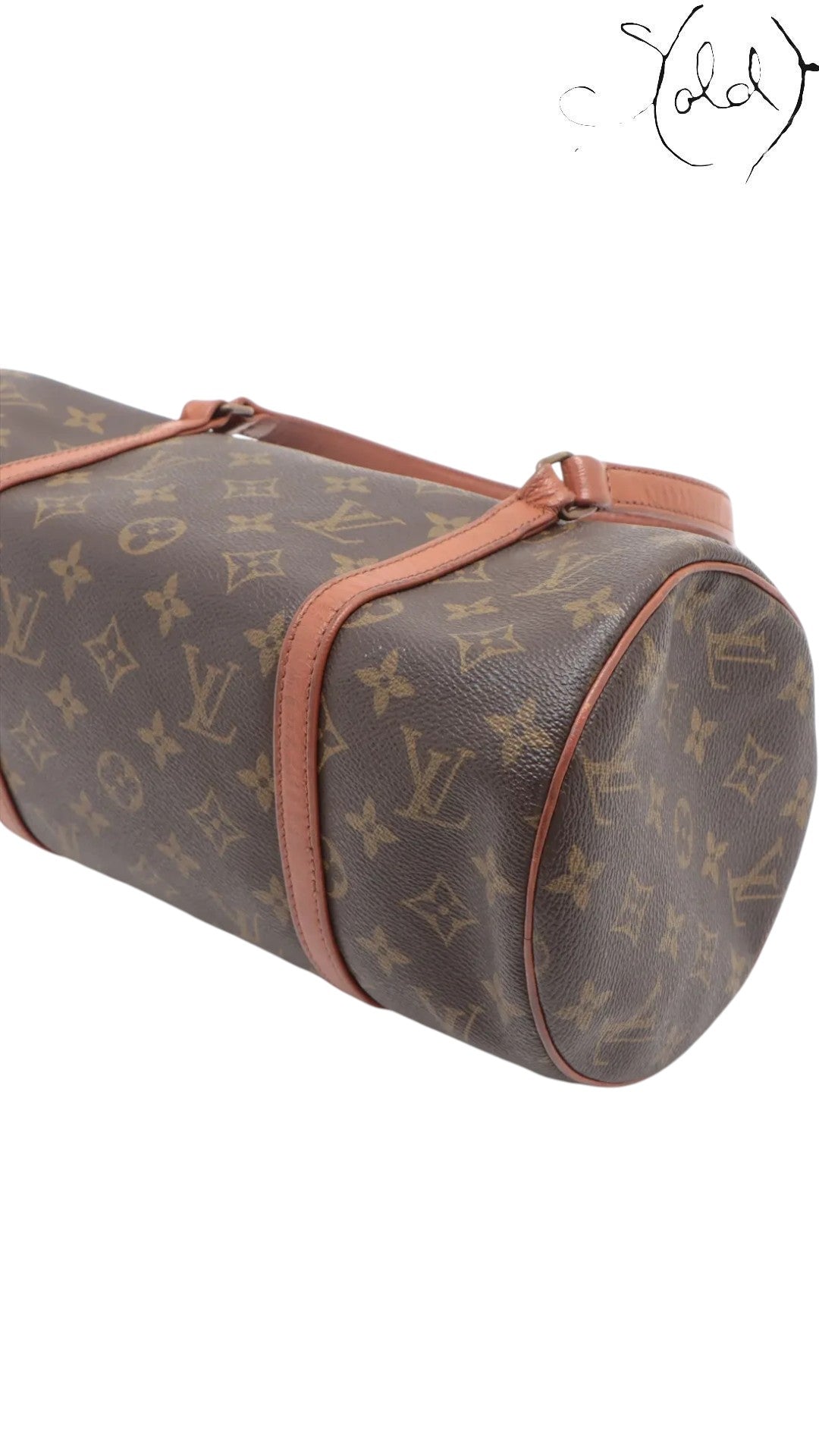 Sold Attire brown Louis Vuitton Monogram Papillon 30 cylindrical handbag with tan leather trim and brass hardware. Includes companion pouch.