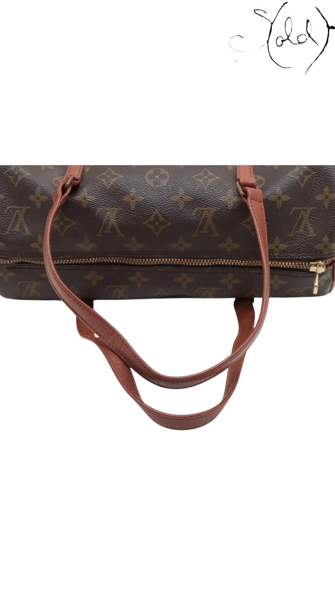 Sold Attire brown Louis Vuitton Monogram Papillon 30 with pouch, coated canvas with vachetta leather trim and brass hardware.