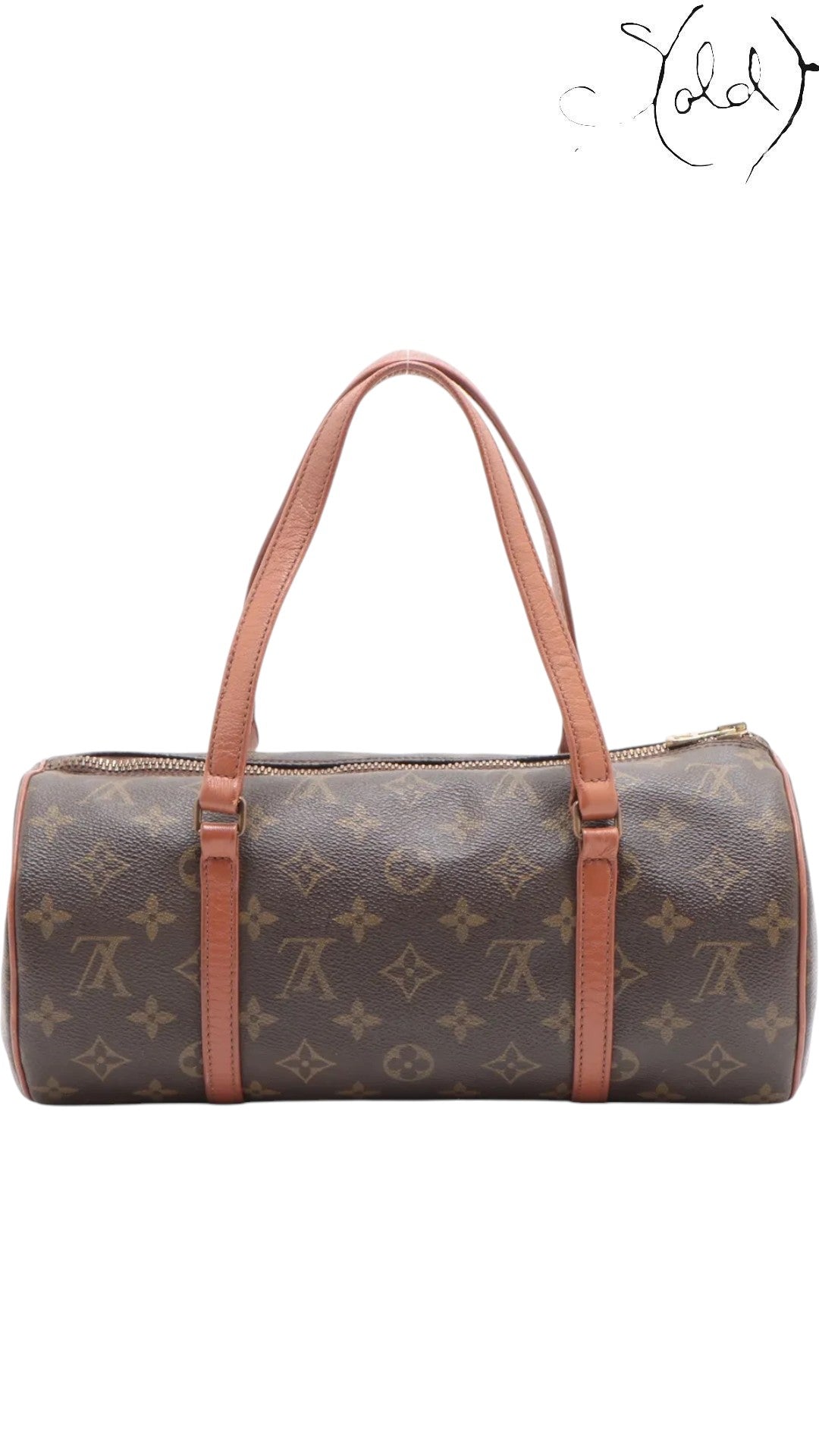 Sold Attire brown Louis Vuitton Monogram Papillon 30 with pouch, coated canvas and vachetta leather trim, brass hardware, top zip closure.