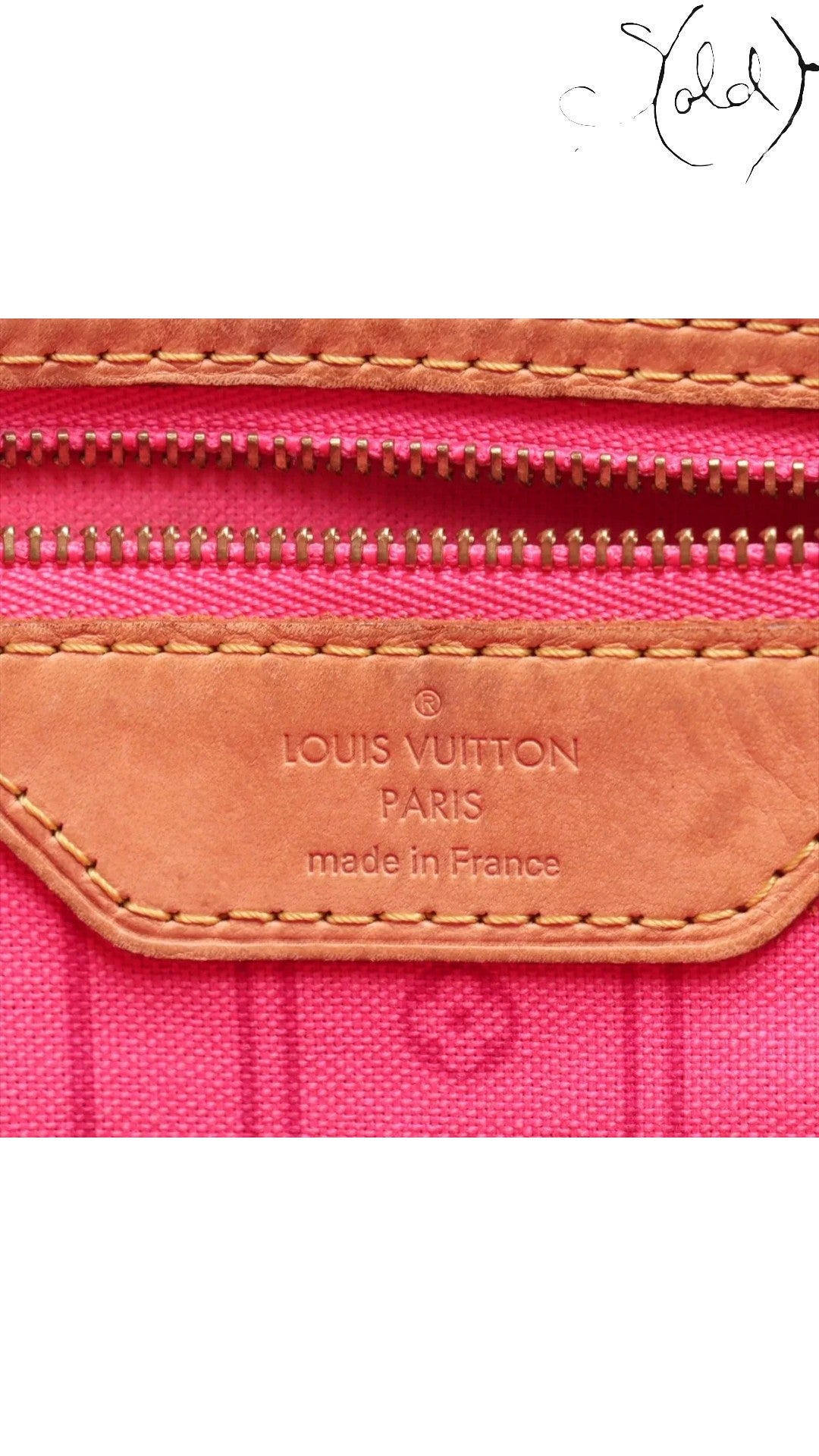 Sold Attire Louis Vuitton Stephen Sprouse Roses Neverfull MM interior with pink lining and leather logo patch.