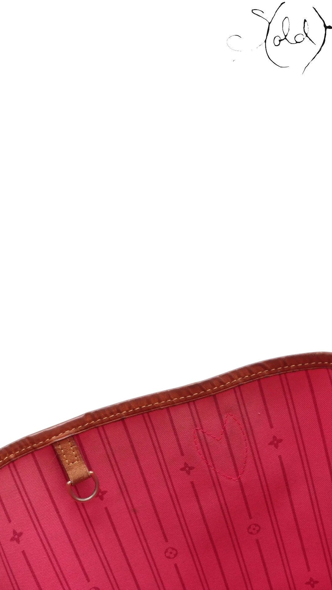 Sold Attire Louis Vuitton Stephen Sprouse Roses Neverfull MM interior with pink lining and leather trim.