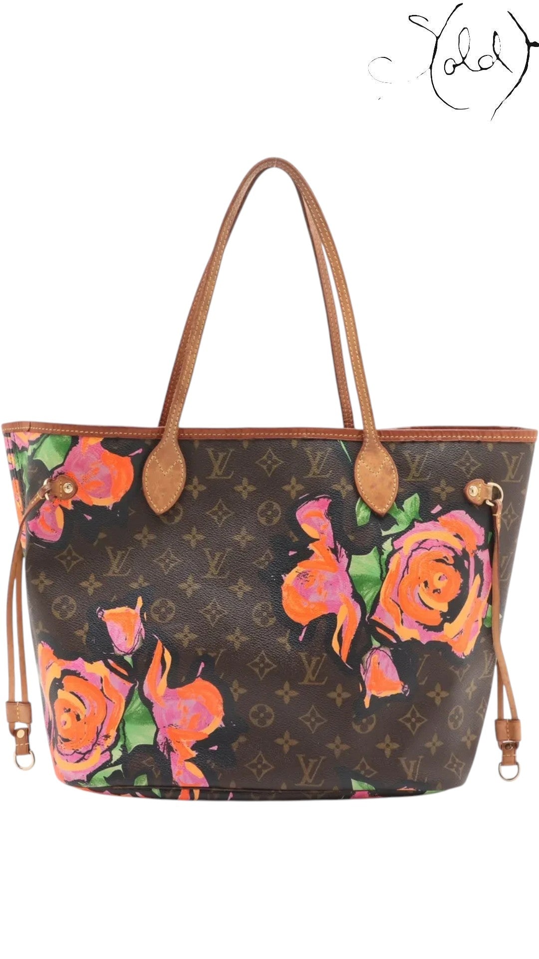 Sold Attire Louis Vuitton Stephen Sprouse Roses Neverfull MM tote bag in brown Monogram canvas with vibrant orange and pink roses.