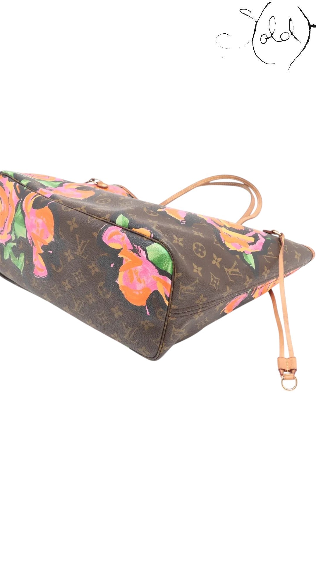 Sold Attire Louis Vuitton Stephen Sprouse Roses Neverfull MM tote bag in brown Monogram canvas with pink and orange floral print.