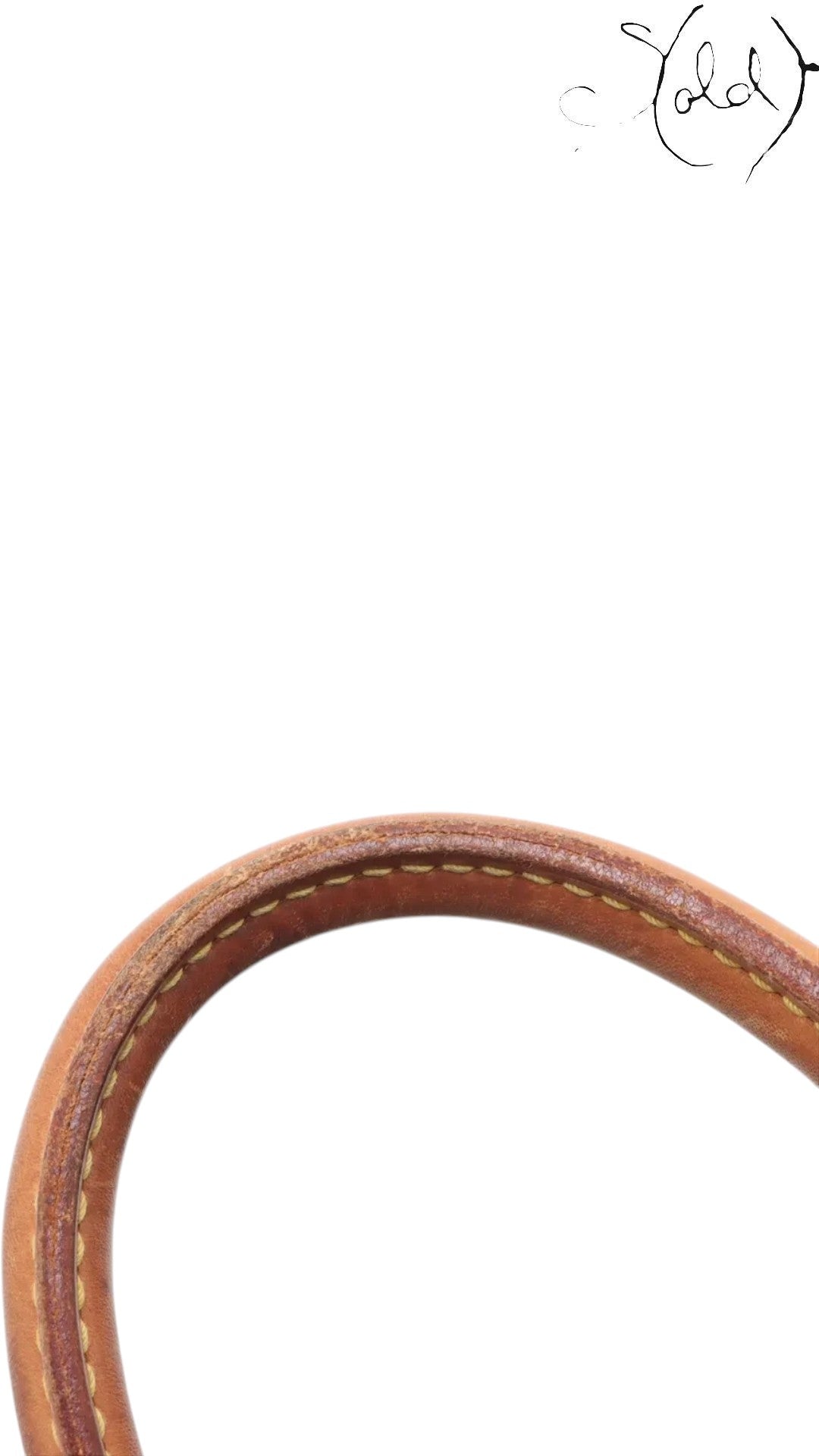 Sold Attire brown Louis Vuitton Monogram Speedy 25 bag handle, vachetta leather with brass hardware detail.