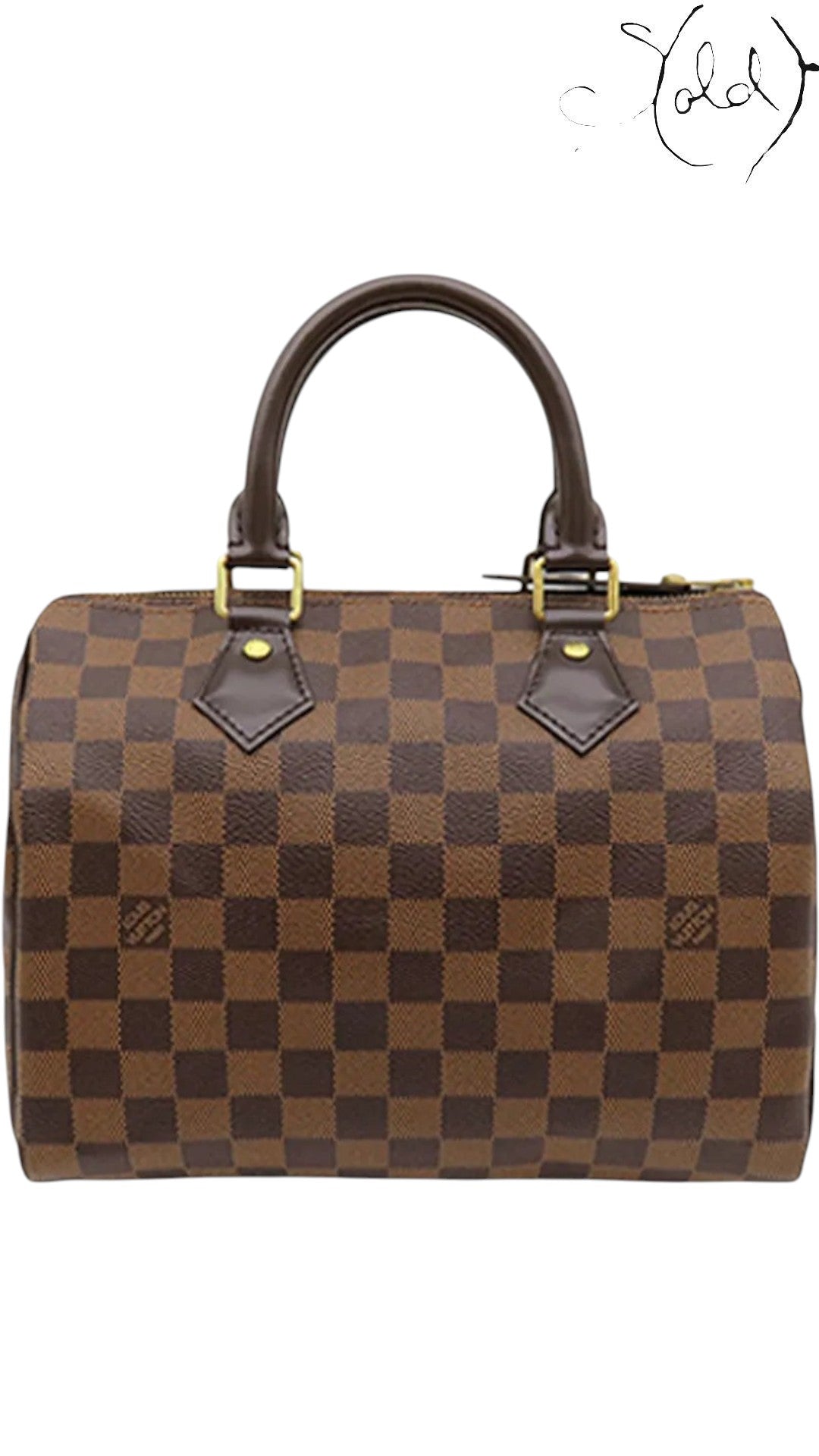 Sold Attire Louis Vuitton Speedy 25 in brown Damier Ebene coated canvas with leather trim and brass-tone hardware.
