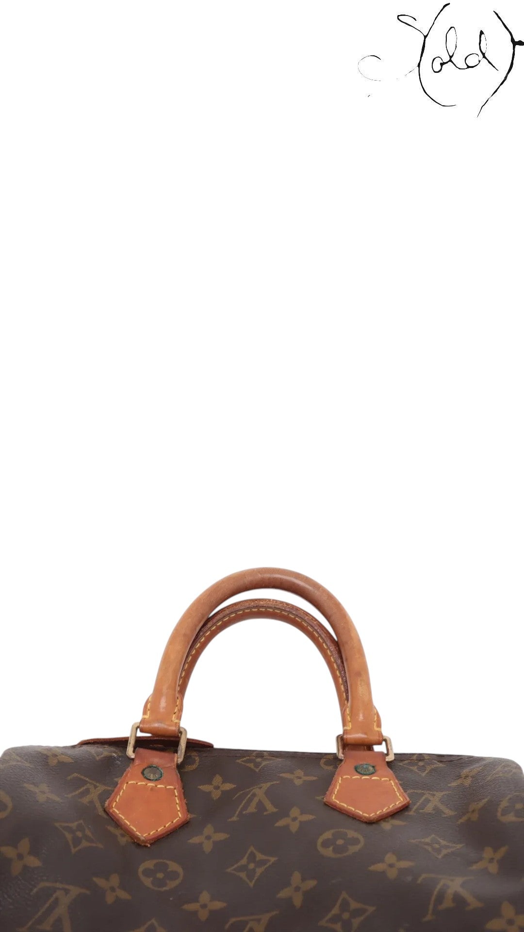 Sold Attire brown Louis Vuitton Monogram Speedy 25 coated canvas bag with vachetta leather handles and brass hardware.