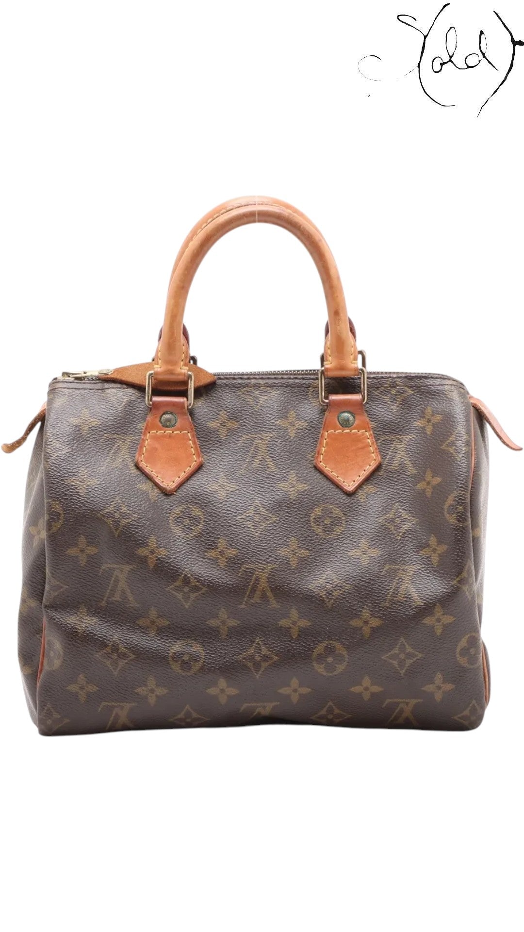 Sold Attire brown Louis Vuitton Monogram Speedy 25 coated canvas handbag with vachetta leather trim and brass hardware.